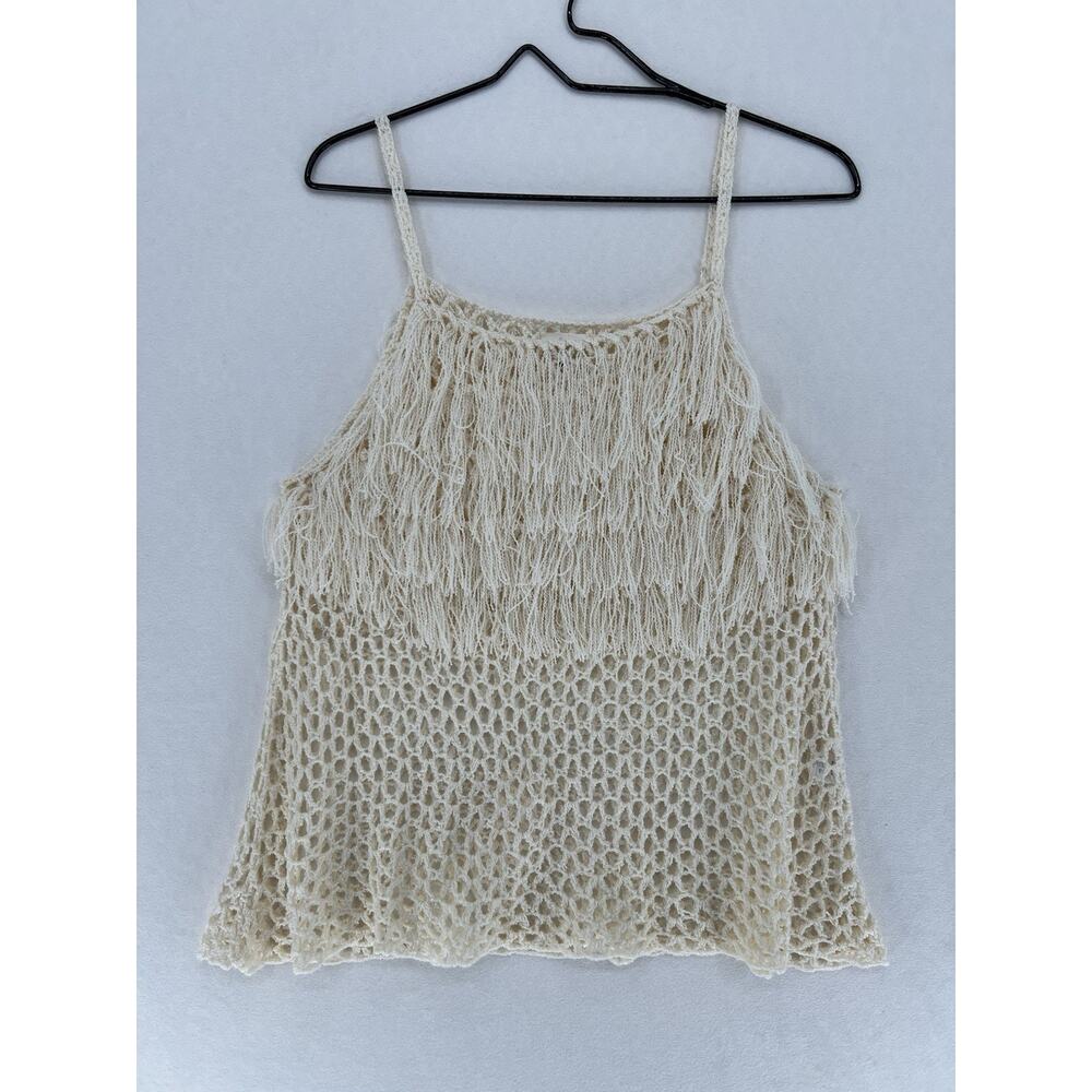Fringe Crochet Tank Top Womens Medium Ivory Boho Festival Beach Cover Up Knit